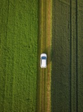 Aerial view of a vehicle on a narrow path between green fields, Deer E- CarSharing, Renault Megane