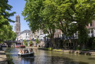 The old town centre of Utrecht, Oudegracht, around 2 km long with many old houses, cathedral tower,