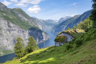 Blomberg Gård, historic mountain farm with grass roof on a steep mountainside above the