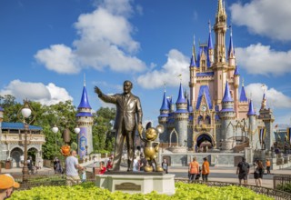 Partners statue in front of Cinderella's Castle at the end of Main Street in the Magic Kingdom at