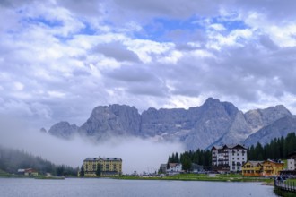 Lake Misurina, Lago di Misurina in the fog, behind Sorapis Group, Auronzo di Cadore, Dolomites,