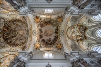 Vaults with ceiling frescoes in the baroque Basilica of St Alexander and Theodor, Ottobeuren