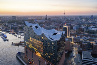 Aerial view of the Elbphilharmonie at sunset with illuminated windows and view over Hamburg,