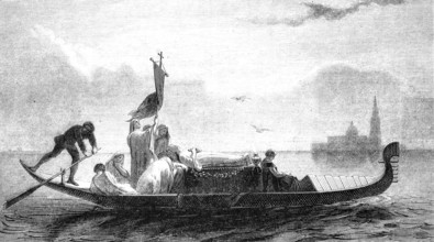 A funeral gondola from Venice travelling to the cemetery island of San Michele, 1860, Italy,