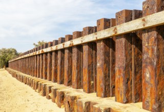 Old rusty steel sheet piling sea wall coastal defence, River Deben, Bawdsey, Suffolk, England, UK