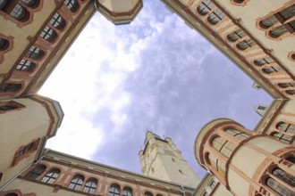 Inner courtyard of the town hall built in 1901, view upwards, perspective, tower, Dessau,
