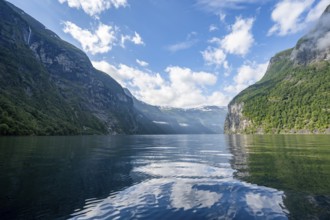 Atmospheric fjord landscape, Geirangerfjord with reflection, Møre og Romsdal, Norway, Europe