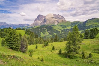 Impressive mountain landscape with green valleys and blue skies in the Dolomites, Alpe di Siusi,