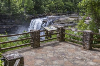 Sign at the observation deck provides informatino about the Little River Falls in Little River