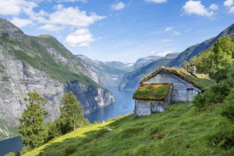 Blomberg Gård, historic mountain farm with grass roof on a steep mountainside above the