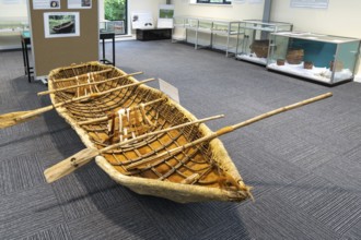 Experimental mesolithic hide boat, Amesbury History Centre, Amesbury, Wiltshire, England, UK