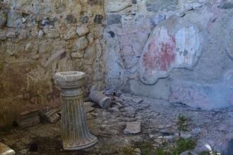 Ancient stone column and ruins in a ruined environment, Archaeological site, House of Europe,
