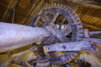 Close-up of a wooden mill wheel in a rustic interior, Kefalos, Kos, Dodecanese, Greek Islands,