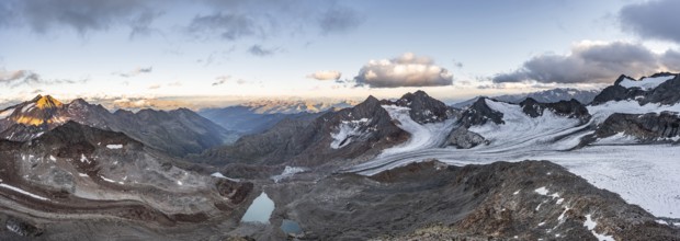 Mountain panorama over the Ridnaun valley, sunset at the summit of the Becher, picturesque high