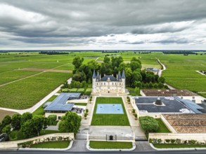 Chateau Pichon Longueville Baron Vineyard and grape fields around Pauillac from a drone, Bordeaux,