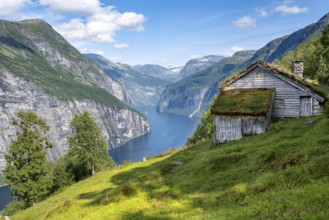 Blomberg Gård, historic mountain farm with grass roof on a steep mountainside above the