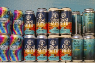 Adnams beer products on display inside brewery shop, Southwold, Suffolk, England, UK - Ghost Faith