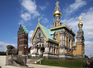 Mathildenhöhe with Russian Chapel and Art Nouveau figure and Wedding Tower Darmstadt Germany