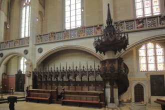 Choir stalls with decorations, wood carving, arts and crafts, UNESCO, castle church, castle, Luther