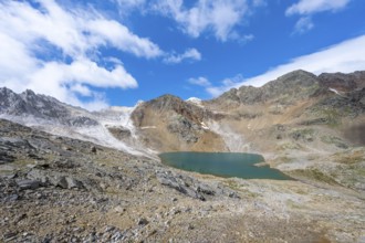Mountain landscape with limestone cliffs between granite mountains, Hinterer Senner Egetsee