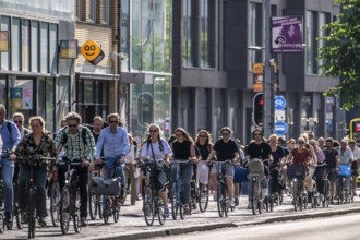 Central cycle path on the Lange Viestraat, lanes for pedestrians, cyclists and local traffic are