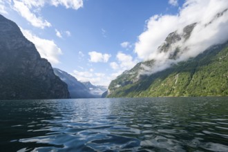 Atmospheric fjord landscape at the Geirangerfjord, Møre og Romsdal, Norway, Europe