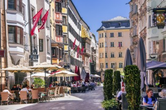 Street cafés on Herzog-Friedrich-Strasse in the old town centre with the Golden Roof, Innsbruck,