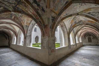Cloister with frescoes from around 1370, collegiate basilica, Neustift St Margarethen, Vahrn,