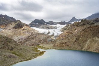 Mountain lake Vogelhüttensee, high mountain landscape with glacier Übeltalferner in the background,