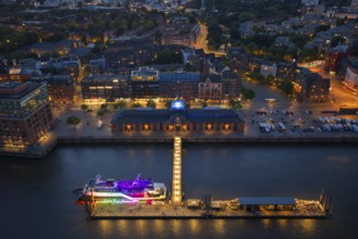 Aerial view of the Altona fish market in the harbour at blue hour, Hamburg, Germany, Europe