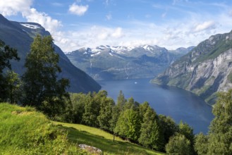 View of the idyllic fjord landscape of the Geirangerfjord at Blomberg Gård, near Geiranger, Møre og