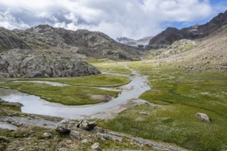 Mountain stream meanders through high mountain landscape on the Upper Senner Egete between meadows