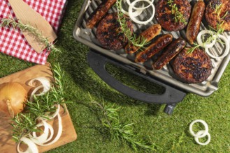 Barbecue with sausages and burgers, decorated with rosemary and onions on a green lawn