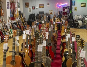 Guitars on display inside shop Sarum Guitars & Drums, Salisbury, Wiltshire, England, UK
