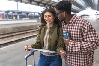Happy tourists consulting map at train station while waiting for train, planning their next
