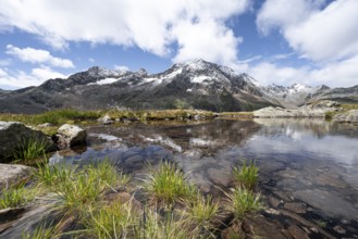 Mountain peaks reflected in a small mountain lake, Roter Knopf mountain peak, Wiener Höhenweg,