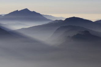 Mountain silhouettes... Alpine peaks and mountain ranges, Bavarian Alps, romantic view from