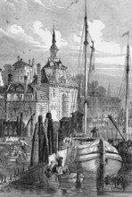 The harbour of Rotterdam in 1820 in the Netherlands, digital reproduction of a historical model