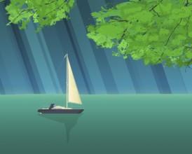 Sailing yacht smooth sailing over calm waters, green trees and sun rays composition, graphic design