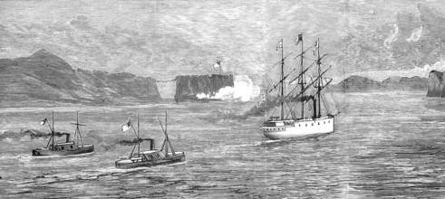 The Golden Gate at San Francisco, HMS Comus leaves the harbour accompanied by General McDowell,