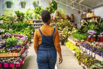 Gardener walking through a vibrant greenhouse, carefully selecting a variety of flourishing plants