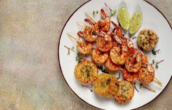 Tiger prawns on skewers, shrimp kebab, with corn, fried, homemade, no people