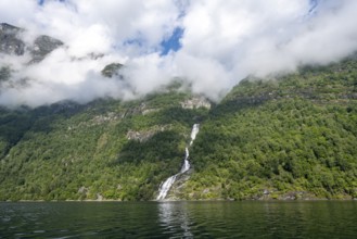 Bringefossen waterfall on the Geirangerfjord, Atmospheric fjord landscape on the Geirangerfjord,
