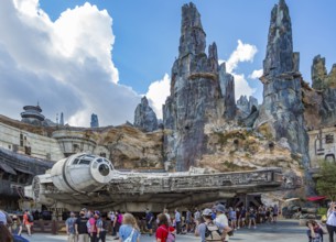 The Millennium Falcon light cargo starship in Star Wars Galaxy's Edge area of Disney's Hollywood