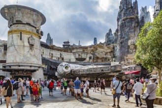 The Millennium Falcon light cargo starship in Star Wars Galaxy's Edge area of Disney's Hollywood