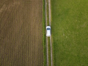Car seen from the air on a narrow path between green and brown fields, Renault Megane, Deer E