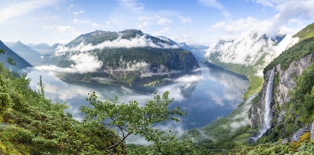 Panoramic view, Gjerdefossen waterfall, at Ørnesvingen viewpoint, atmospheric clouds over the fjord