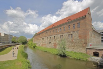 New Residence built in 1531 with bank of the millrace, pedestrian, photograph, Renaissance, Halle