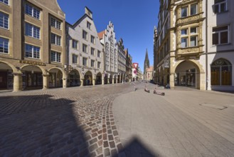 Historic buildings, facade, gable, arcades, retail, church, St. Lamberti, Prinzipalmarkt, Münster,