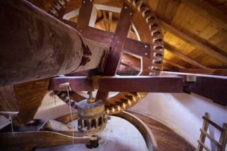 Close-up of wooden cogwheels inside the windmill, Windmill, Antimacheia, Kos, Dodecanese, Greek